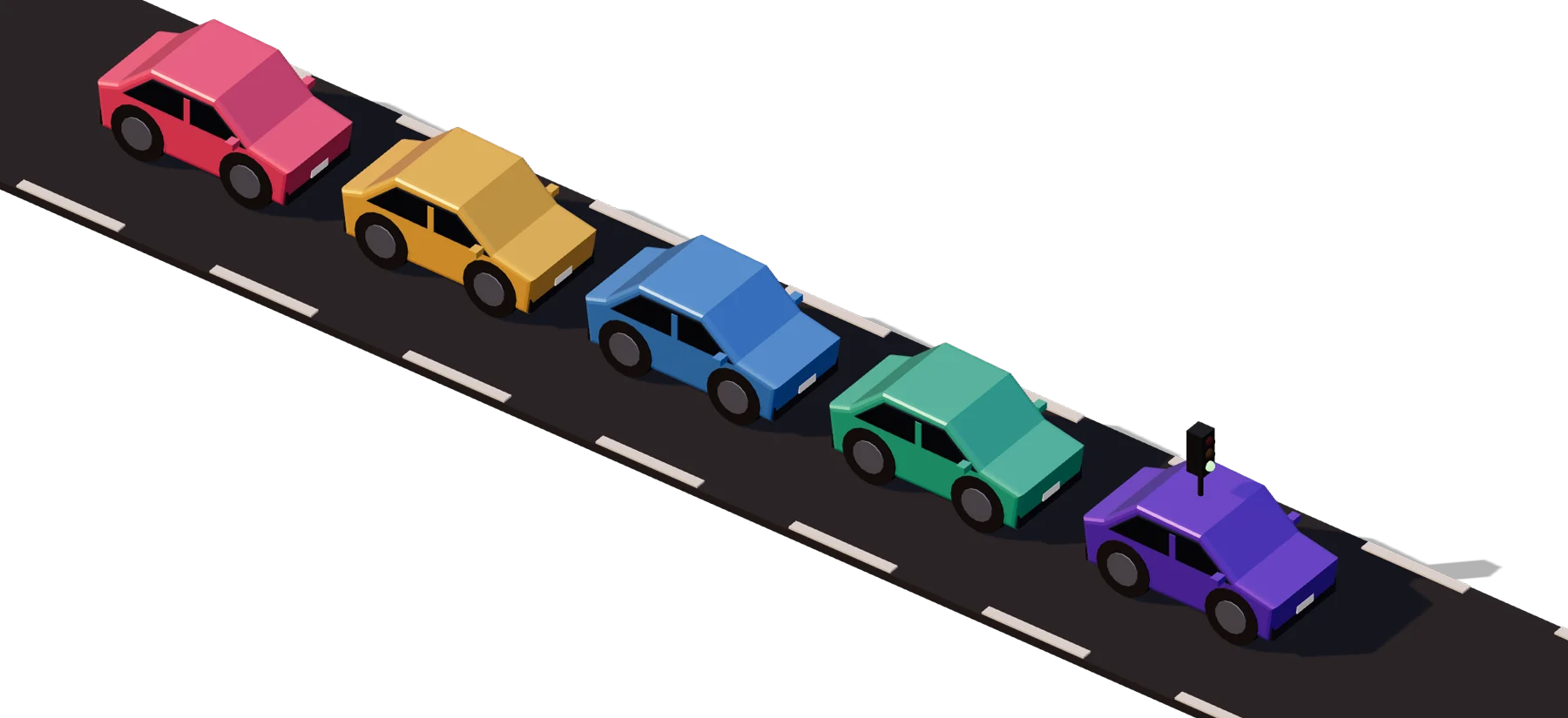O mașină violet cu un semafor verde pe acoperiș conduce pe un drum un convoi de patru mașini colorate.