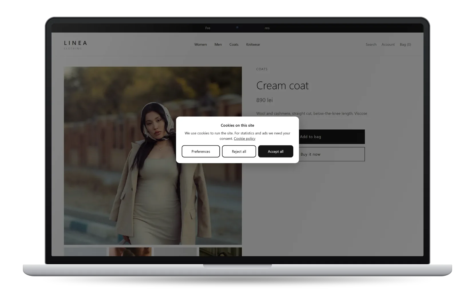 A product page with the Consentia banner displayed.